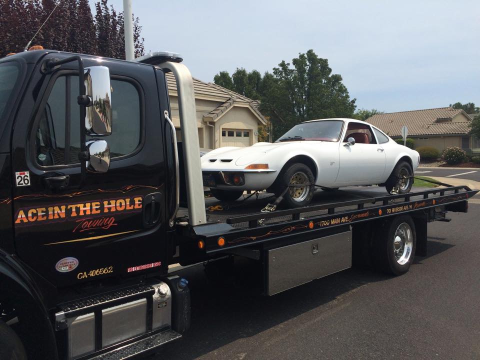 This little white Opal needs a new transmission, and Rocklin Ace Towing is going to deliver it to the transmission shop, so it can be back on the road soon.